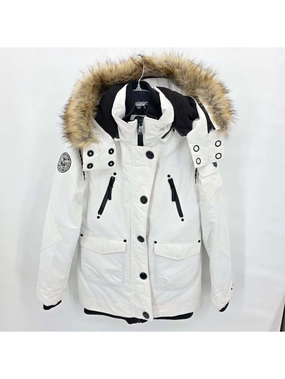 Noize Coat Womens M White Faux Fur Hooded Parka Zip Pockets Ski Outdoor Winter